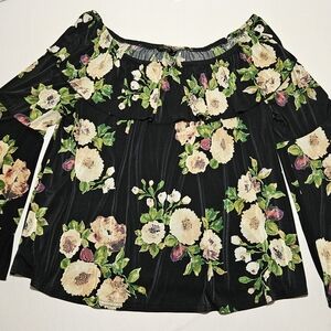 Unique Spectrum Black Floral Print Boho Top - 3X Bardot Off Shoulder Bell Sleeve